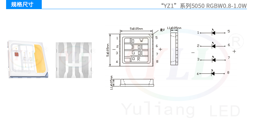 YZ1系列5050RGBW0.8-1.0W燈珠規(guī)格尺寸圖